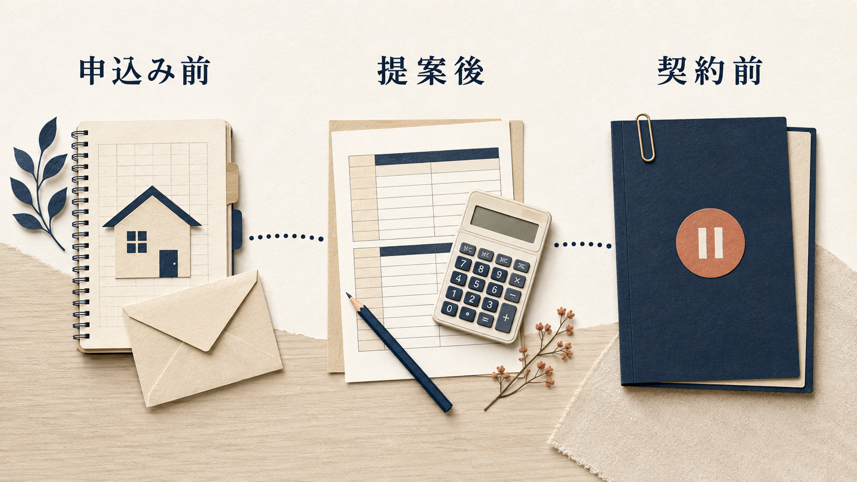 申込み前は家計、提案後は収支、契約前は書面を確認する三段階のイメージ図